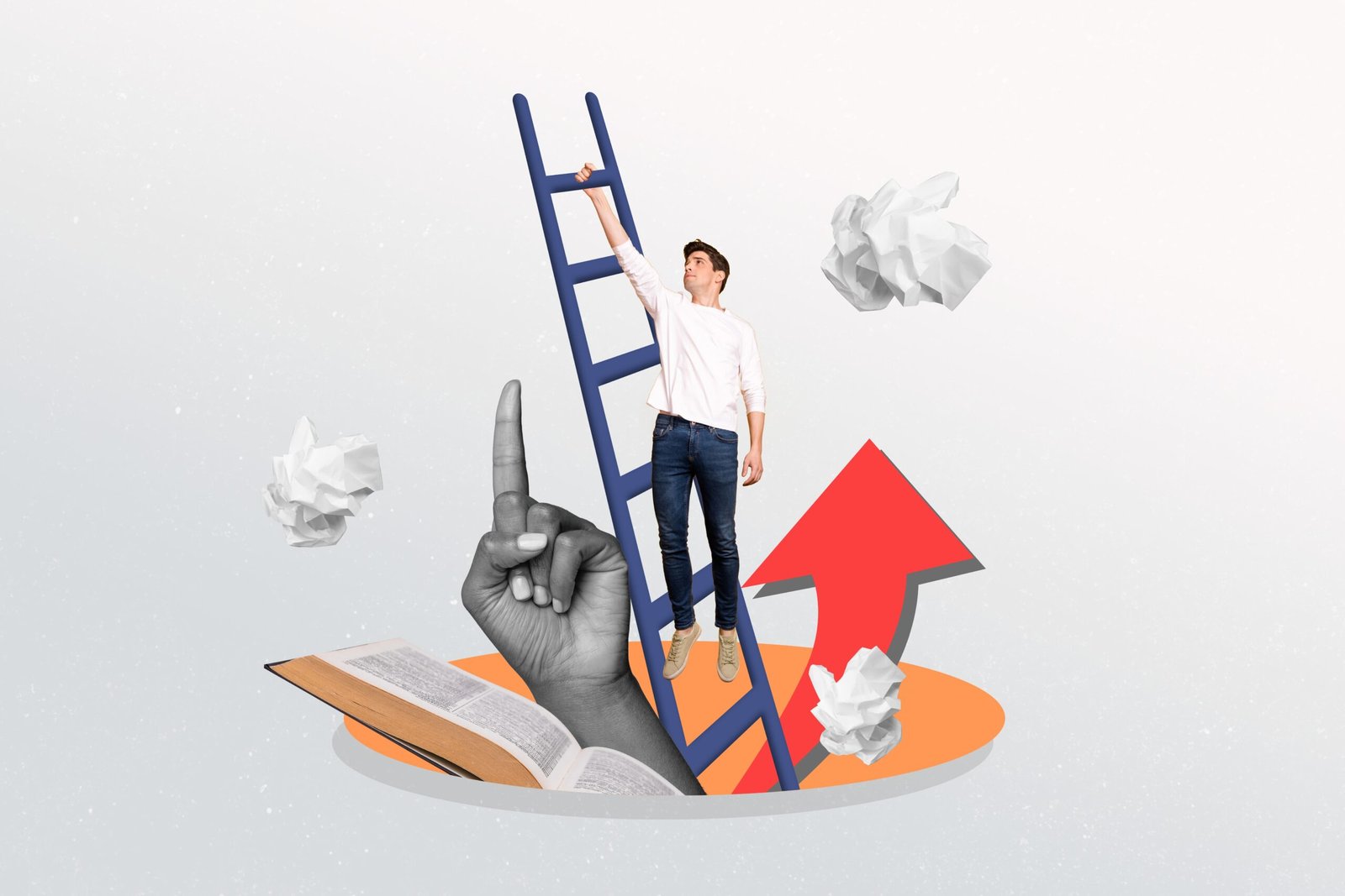 Collage,Portrait,Of,Hard,Working,Person,Climb,Ladder,Up,Huge collage of person with ladder arrow books all to convey worker trying to elevate career to dream job