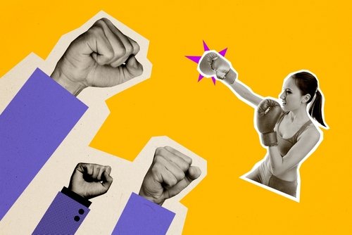 Composite,Photo,Collage,Of,Serious,Girl,Wear,Box,Glove,Kick