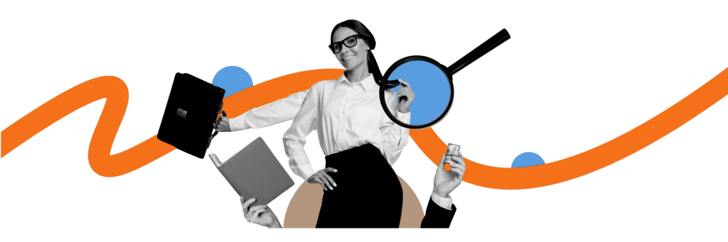 Working woman magnifying glass and graphic elements indicating busy career