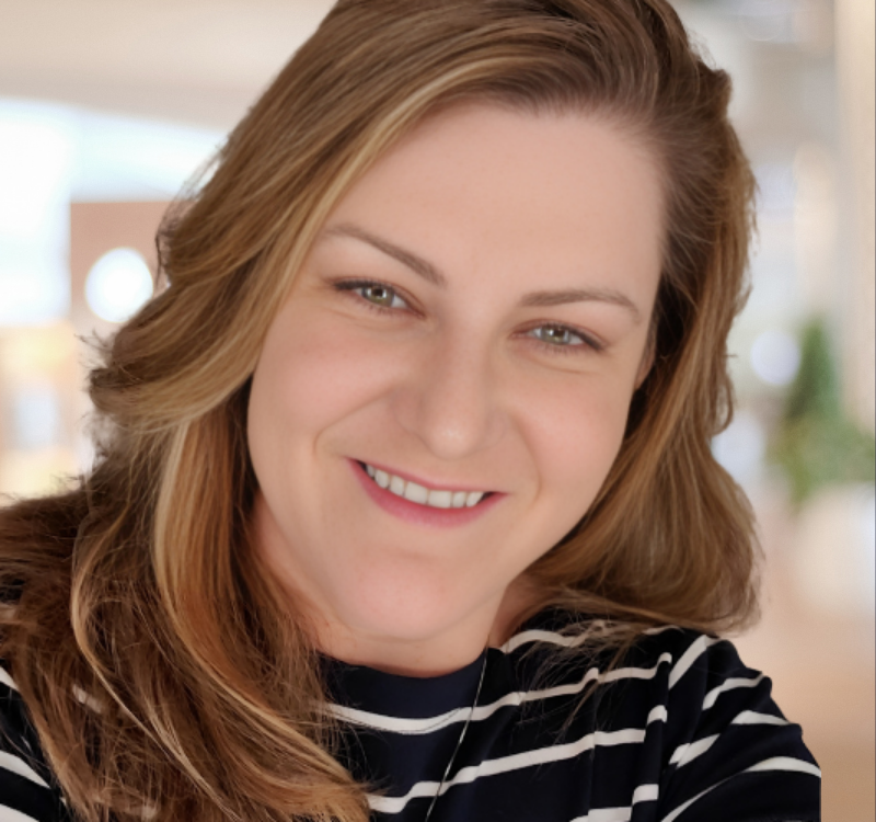 melissa fisher in blue shirt white stripes