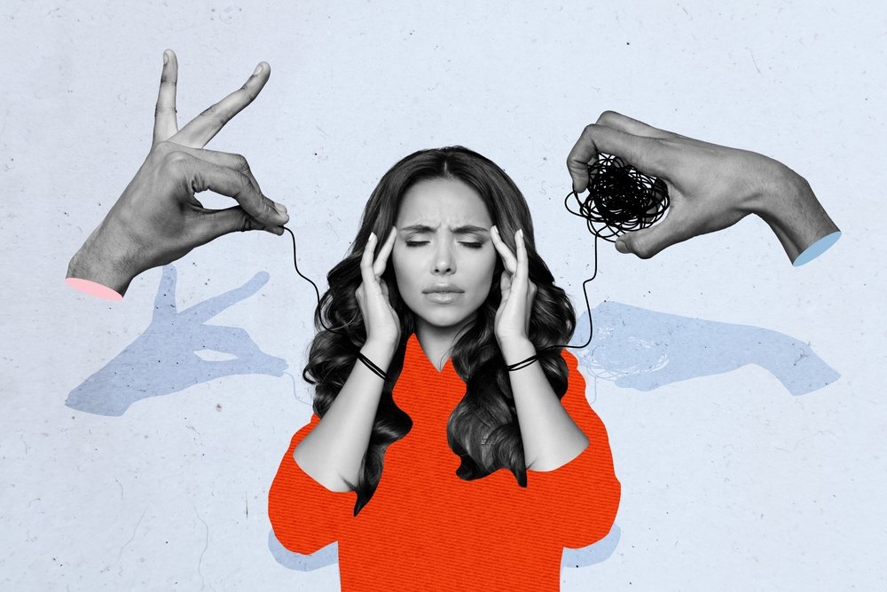 Poster,Banner,Collage,Image,Of,Girl,Close,Eyes,Suffer,Head