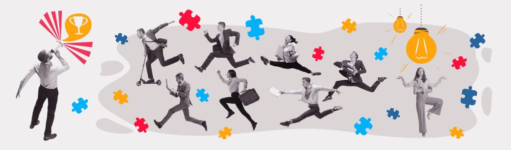 Team building with complementary work styles shown through diverse puzzle pieces creating unified whole